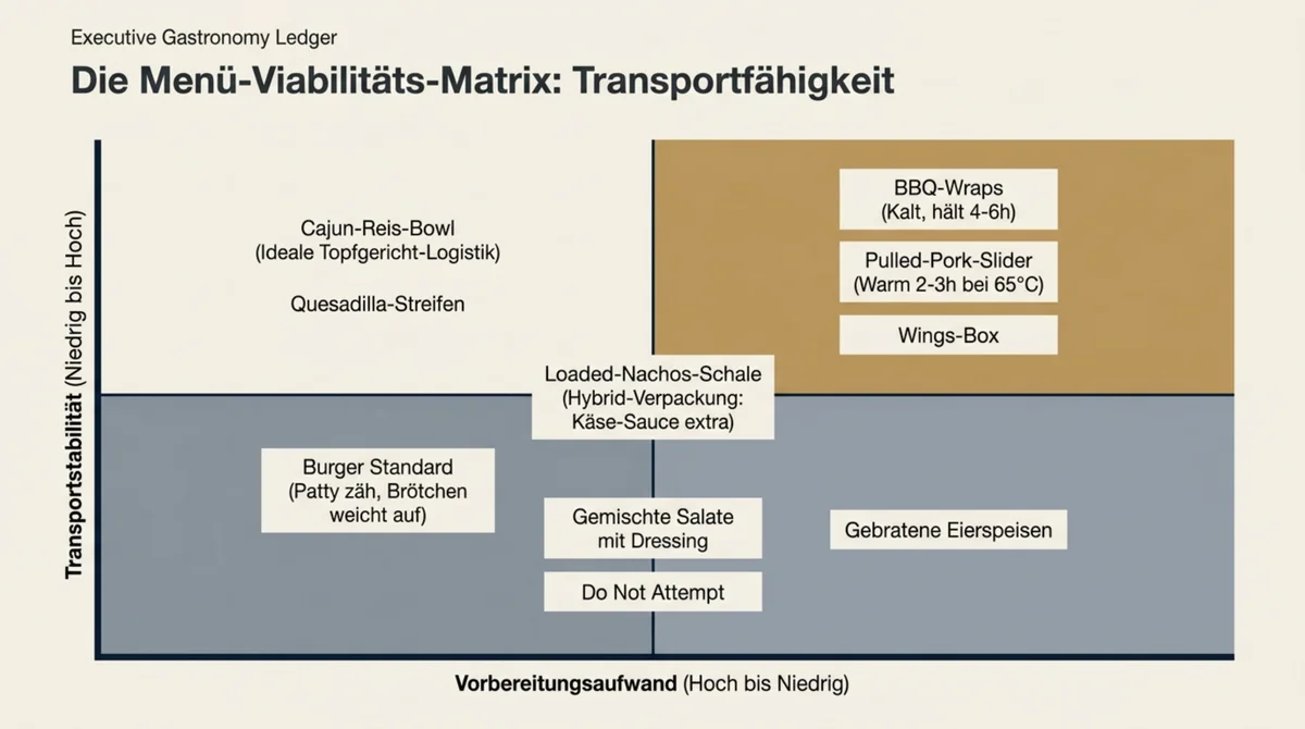 Menü-Viabilitäts-Matrix: BBQ-Wraps und Wings-Box überleben Transport, Standard-Burger und gemischte Salate scheitern an der Logistik