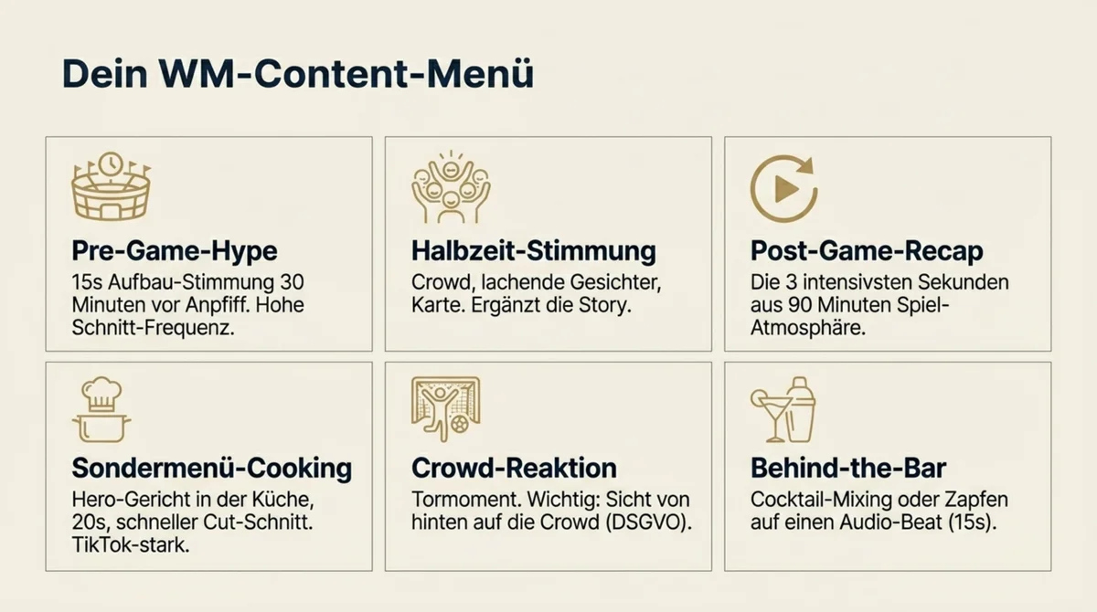 Das WM-Content-Menü: 6 Reel-Typen für Restaurants zur WM 2026 – Pre-Game-Hype, Halbzeit-Stimmung, Post-Game-Recap, Sondermenü-Cooking, Crowd-Reaktion, Behind-the-Bar