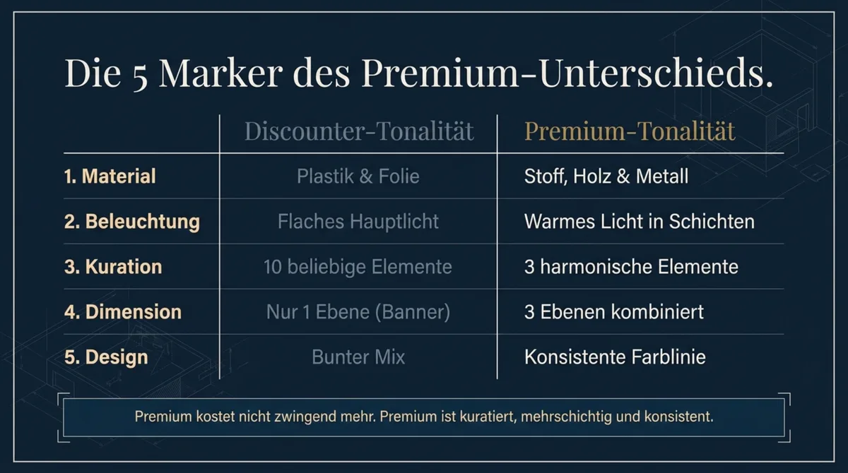 Die 5 Marker des Premium-Unterschieds bei WM-Deko: Vergleich Discounter-Tonalität gegen Premium-Tonalität im Restaurant
