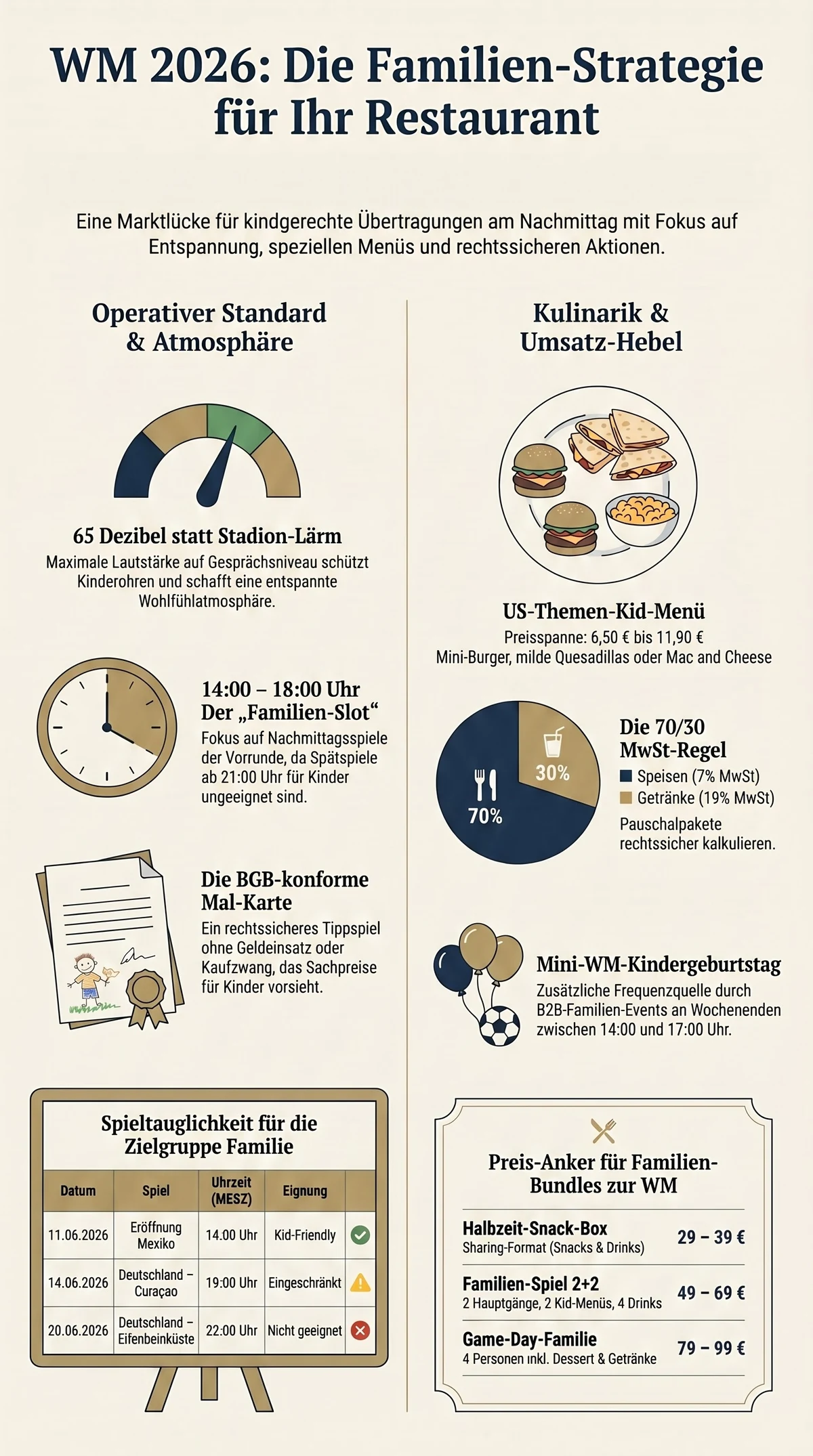 WM 2026 Familienstrategie Restaurant Infografik – Überblick operativer Standard, Kulinarik und Umsatz-Hebel mit Spieltauglichkeits-Tabelle und Preis-Ankern