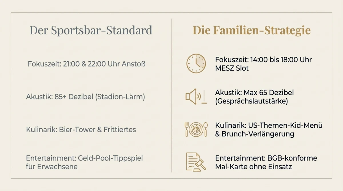 WM 2026 Familienstrategie versus Sportsbar-Standard – Fokuszeit, Akustik, Kulinarik und Entertainment im direkten Vergleich