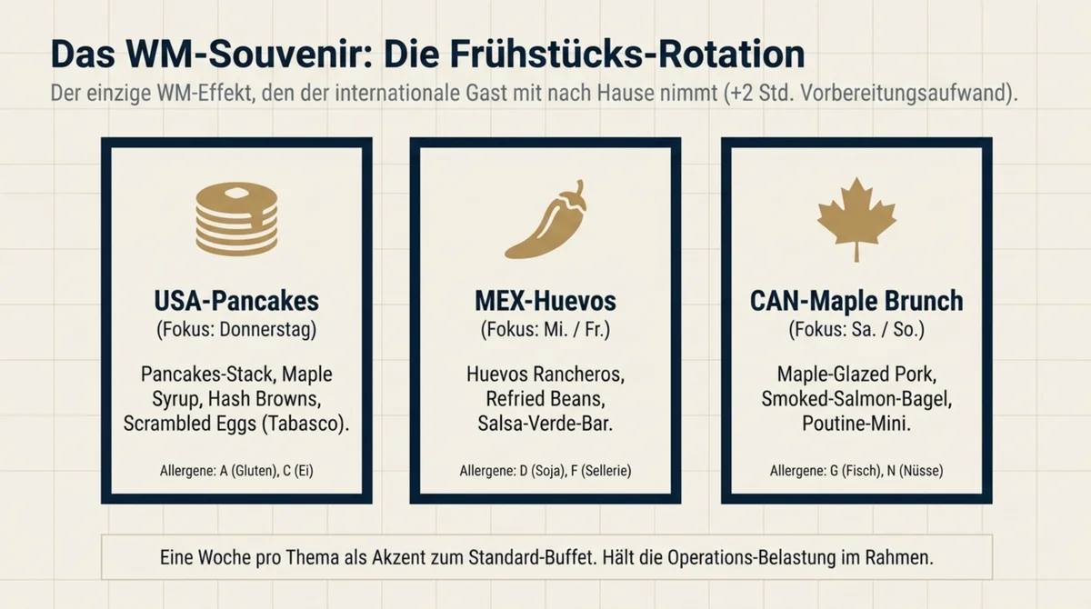 WM 2026 Hotel-Frühstück: Dreier-Rotation USA-Pancakes, MEX-Huevos und CAN-Maple-Brunch als WM-Souvenir-Erlebnis für internationale Gäste