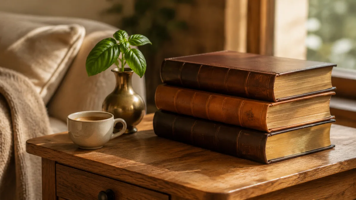 Drei geschlossene Lederbücher und Espresso-Tasse als Symbol für häufige Fragen zur WM in der Pizzeria