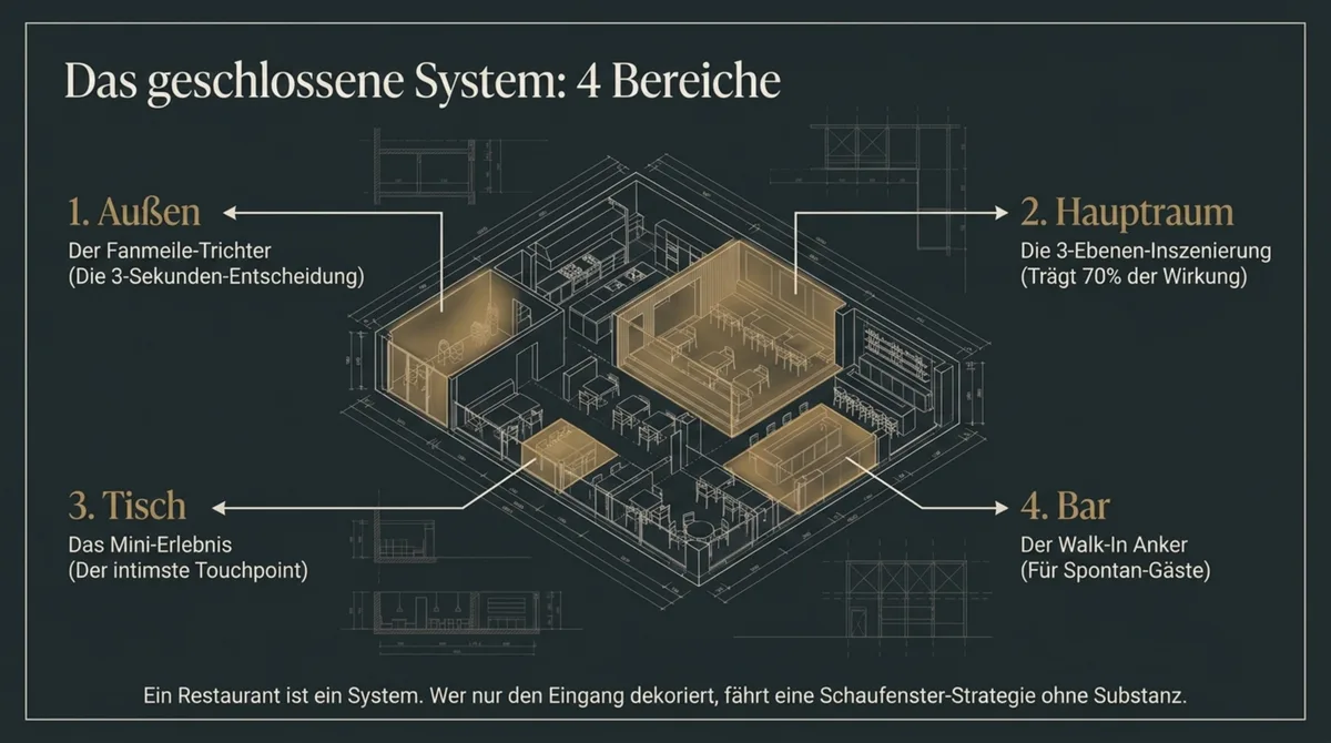 Das geschlossene 4-Bereiche-System für WM-Atmosphäre im Restaurant: Außen, Hauptraum, Tisch und Bar als orchestriertes System