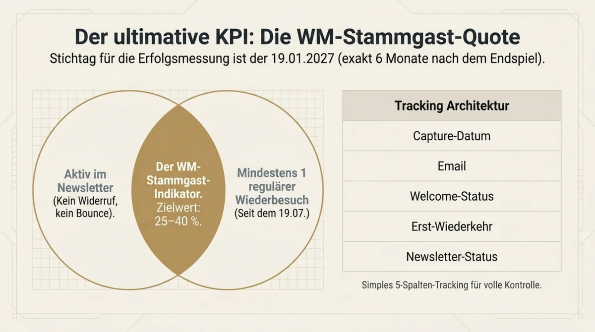 WM-Stammgast-Quote als KPI: Schnittmenge aus aktiv im Newsletter (kein Widerruf) UND mindestens 1 Restaurantbesuch nach der WM – Zielwert 25–40 %, Messzeitpunkt 19. Januar 2027
