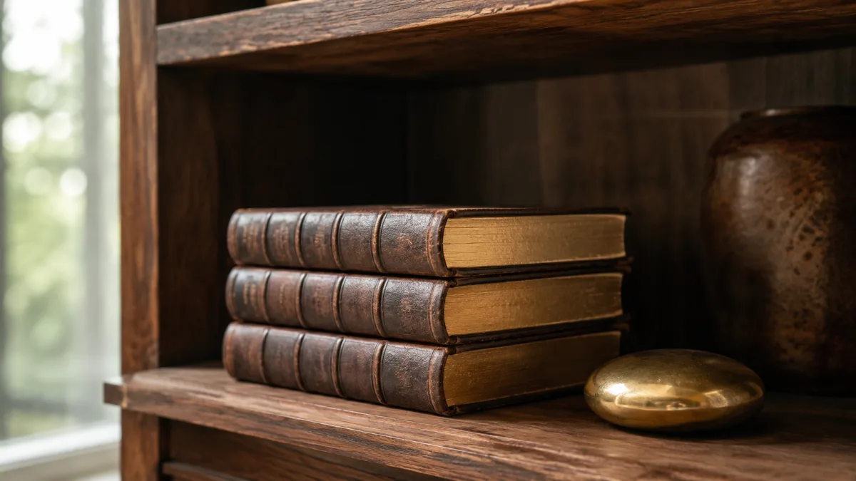 Drei Lederbücher und Messing-Briefbeschwerer symbolisieren häufige Fragen zur Systemgastronomie zur WM