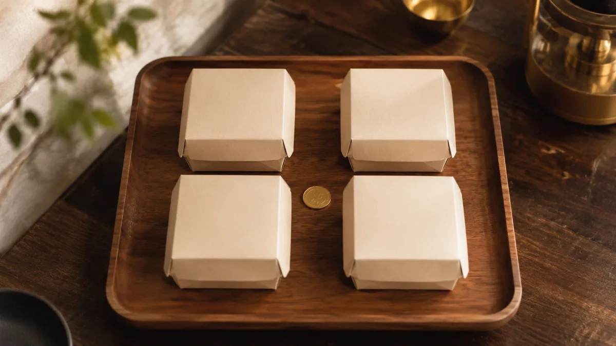 Vier Take-away-Boxen im Quadrat als Symbol für das WM-Combo-Angebot in der Systemgastronomie