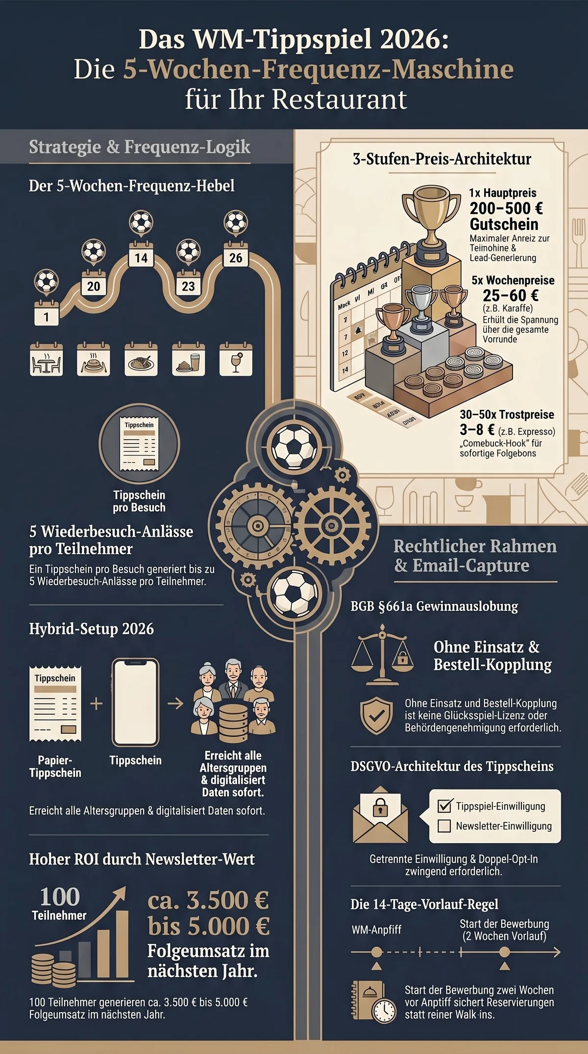 WM-Tippspiel 2026: 5-Wochen-Frequenz-Hebel – Infografik mit Preis-Architektur und Hybrid-Setup für Restaurants