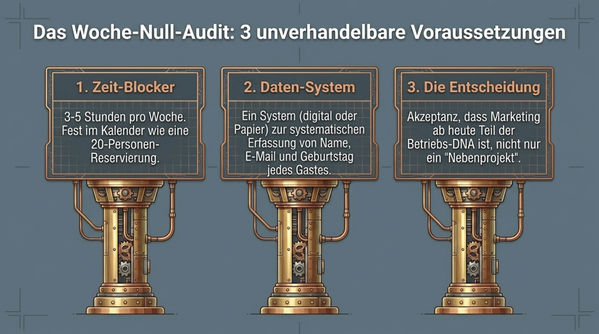 Das Woche-Null-Audit: Zeit-Blocker mit 3-5 Stunden pro Woche, Daten-System für Gästeerfassung, Entscheidung dass Marketing Teil der Betriebs-DNA ist