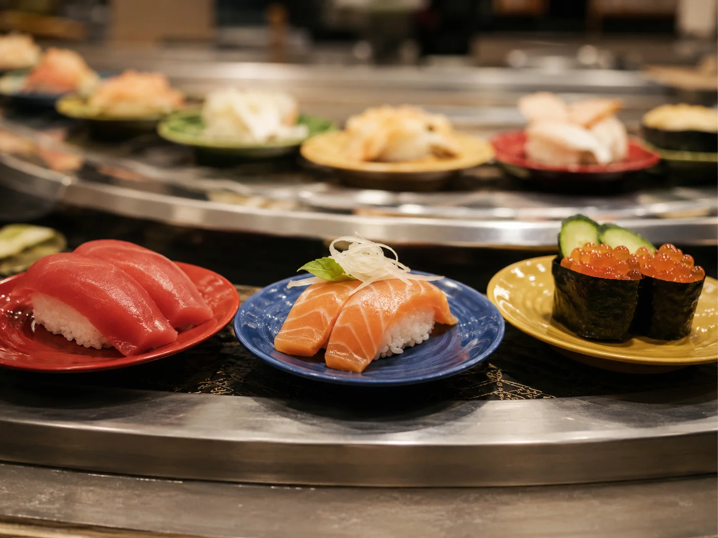 Mehrere farbcodierte Sushi-Teller (rot, blau, gelb, grün) auf Conveyor-Belt