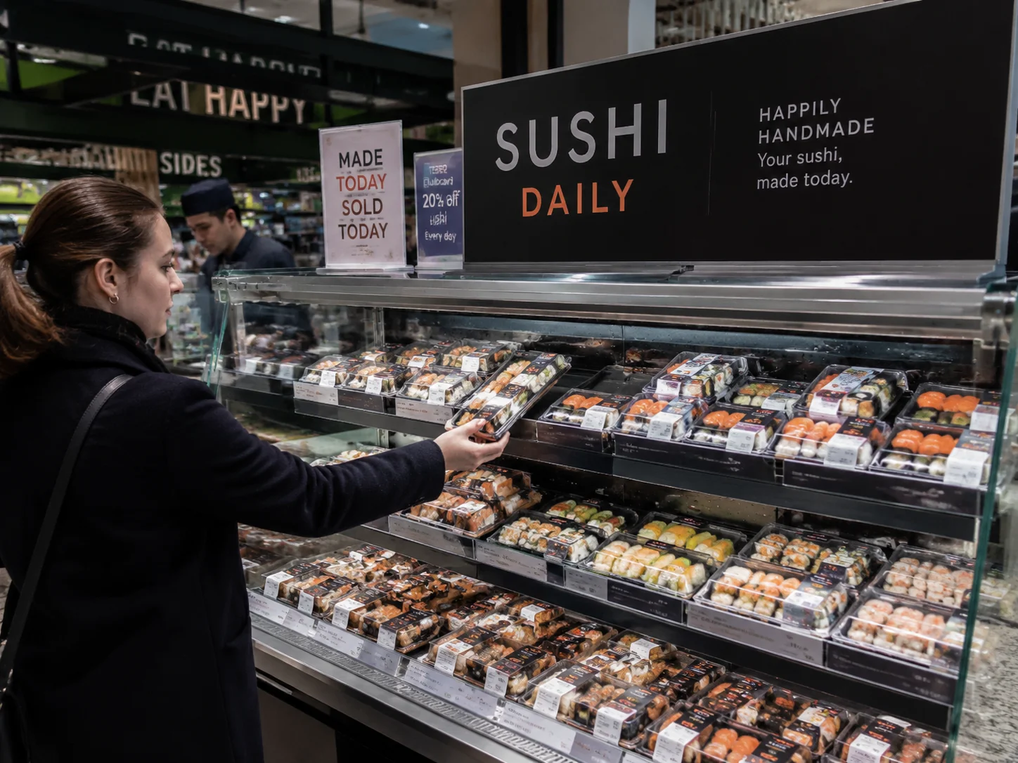 Modernes UK-Supermarkt-Sushi-Kiosk mit verpackten Sushi-Boxen hinter Glasvitrine, Kunde greift nach einer Pack-Bento