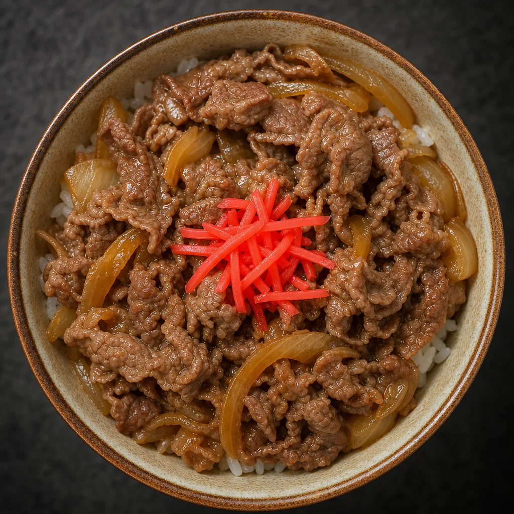 Japanische Gyudon Beef-Rice-Bowl von oben mit Beef, Zwiebeln, eingelegtem Ingwer