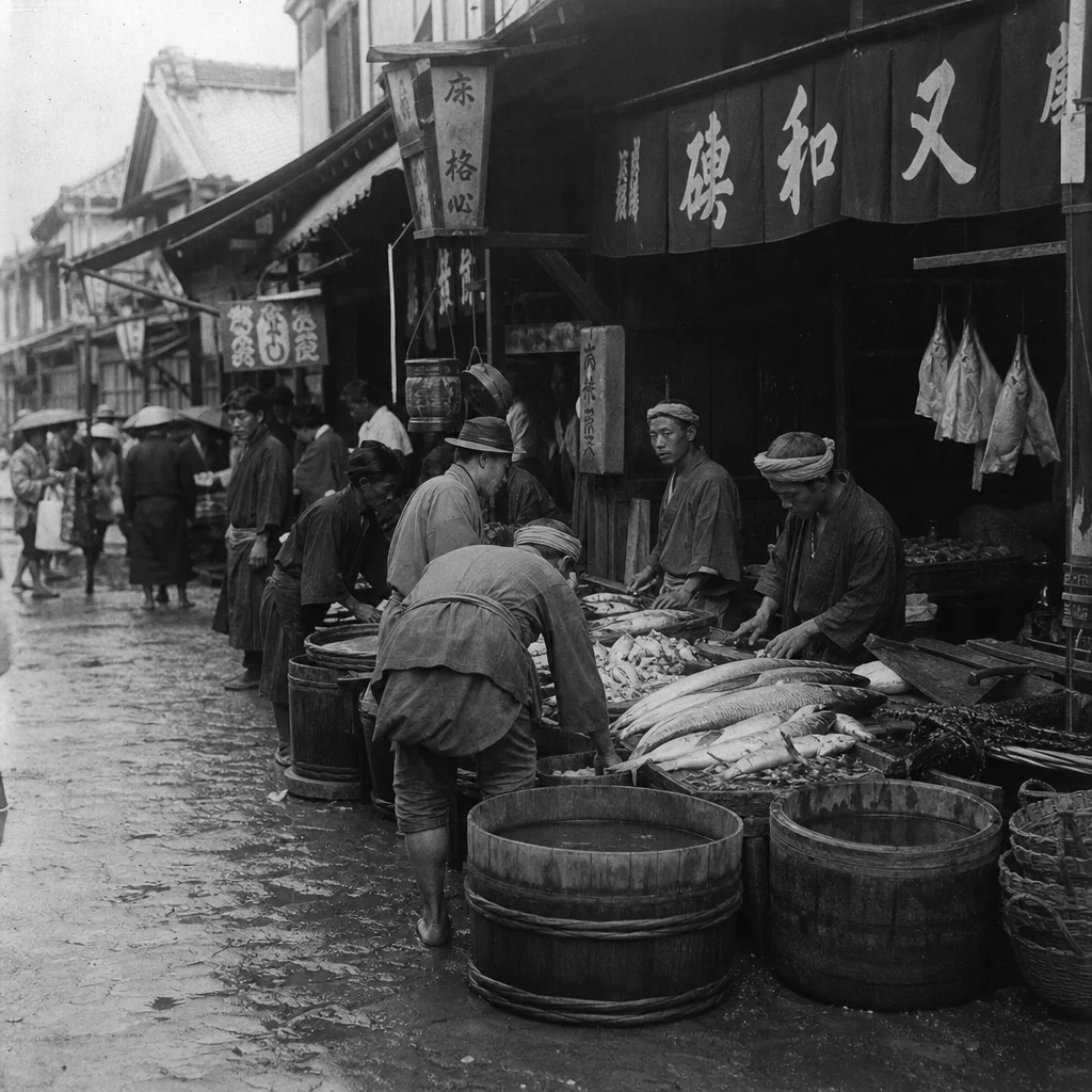 Schwarz-Weiß-Reproduktion einer Tokyo-Straßenszene aus dem frühen 1900er Jahre