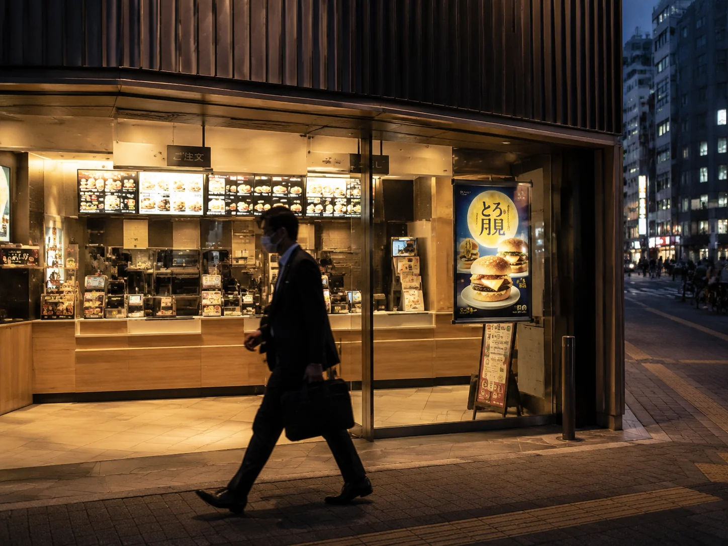 Tokyo Office-Worker geht bei Dämmerung an einem modernen Japanese Fast-Food Counter vorbei