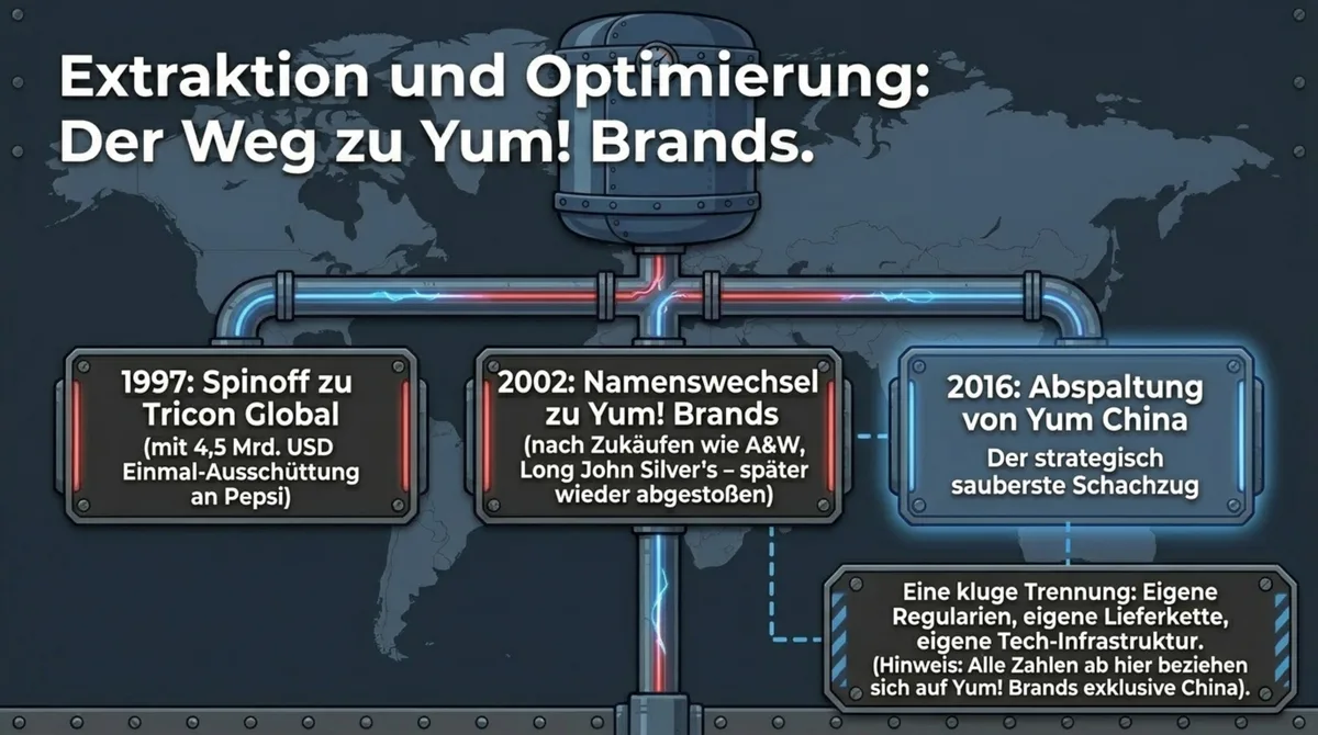 Yum! Brands Evolution: 1997 Spinoff zu Tricon Global, 2002 Namenswechsel zu Yum! Brands, 2016 Abspaltung Yum China als strategischer Meisterzug