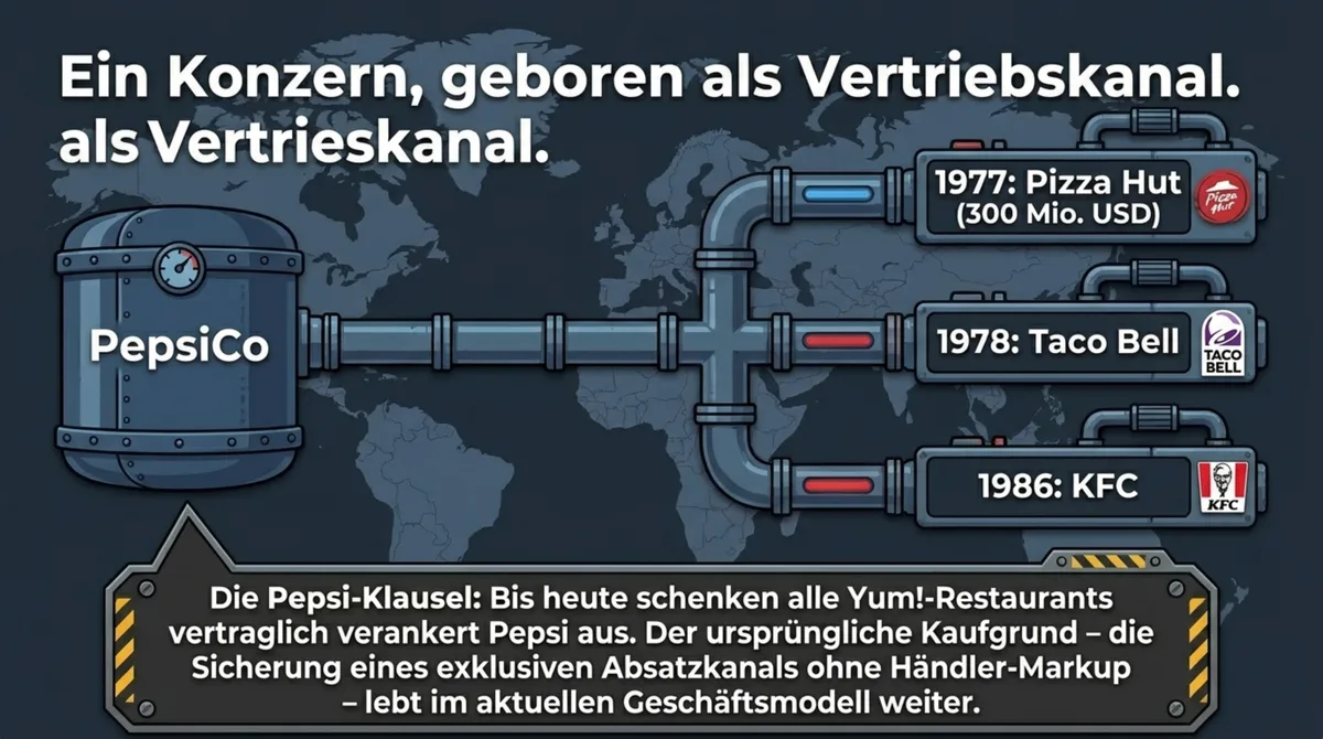 PepsiCo akquiriert Pizza Hut 1977, Taco Bell 1978 und KFC 1986 als Vertriebskanal für Pepsi-Getränke – Entstehung des späteren Yum! Brands