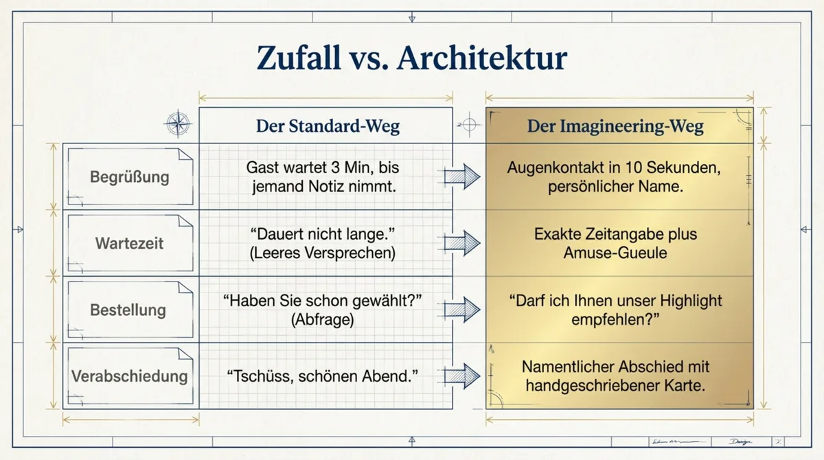 Zufall vs. Architektur im Restaurant-Service: Der Standard-Weg mit leeren Versprechen gegen den Imagineering-Weg mit systematischem Erlebnis-Design
