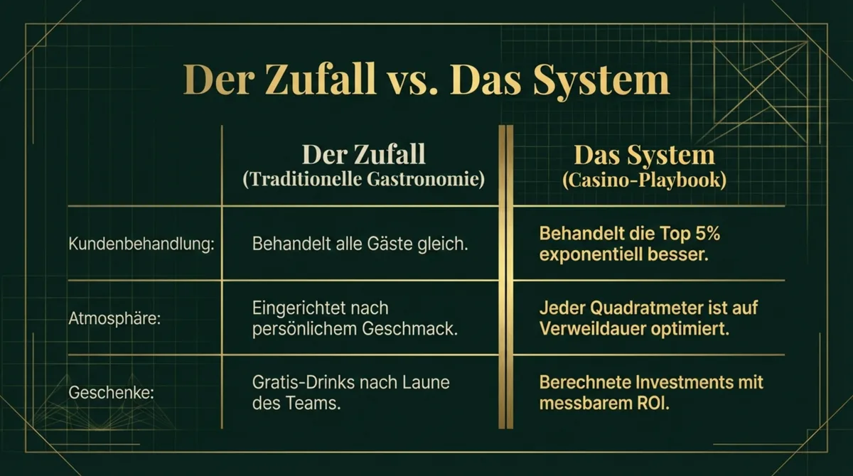 Vergleich Zufall vs. System: Traditionelle Gastronomie vs. Casino-Playbook bei Kundenbehandlung, Atmosphaere und Geschenken