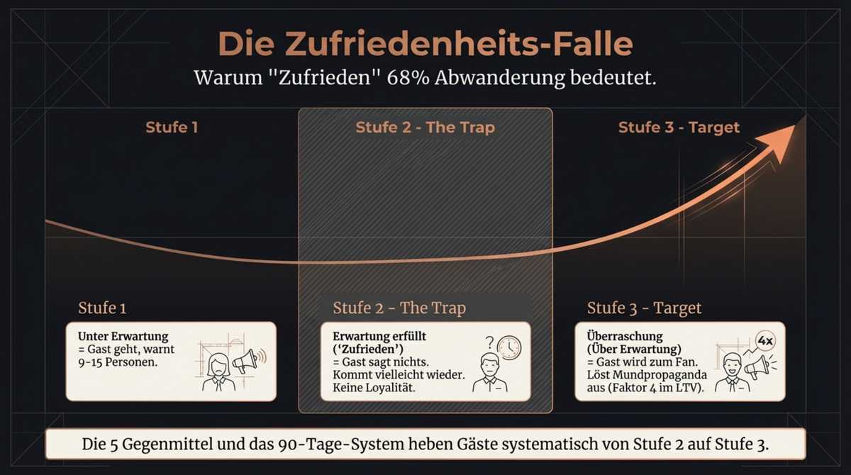 Die Zufriedenheits-Falle: Warum zufriedene Gäste trotzdem abwandern — drei Stufen von unter Erwartung bis Überraschung