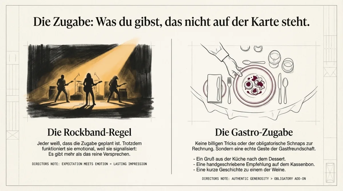 Zugabe-Geste Restaurant: Rockband-Regel auf Gastronomie übertragen – unerwarteter Abschlussmoment als Zeichen echter Gastfreundschaft