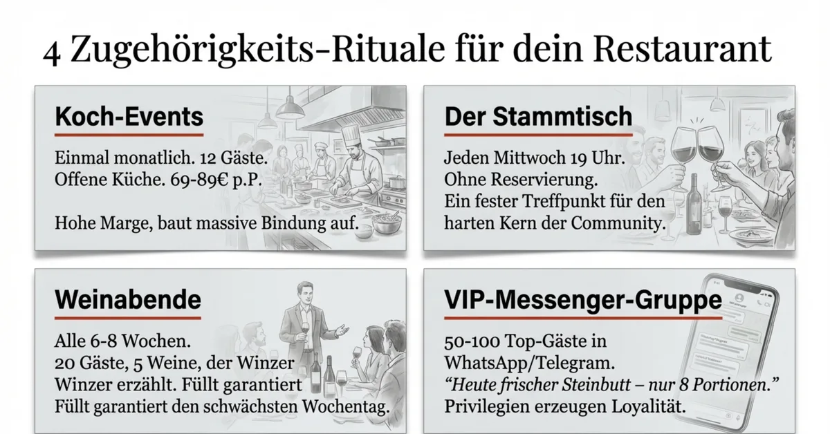 4 Zugehörigkeits-Rituale für Restaurants: Koch-Events, Stammtisch, Weinabend und VIP-Messenger