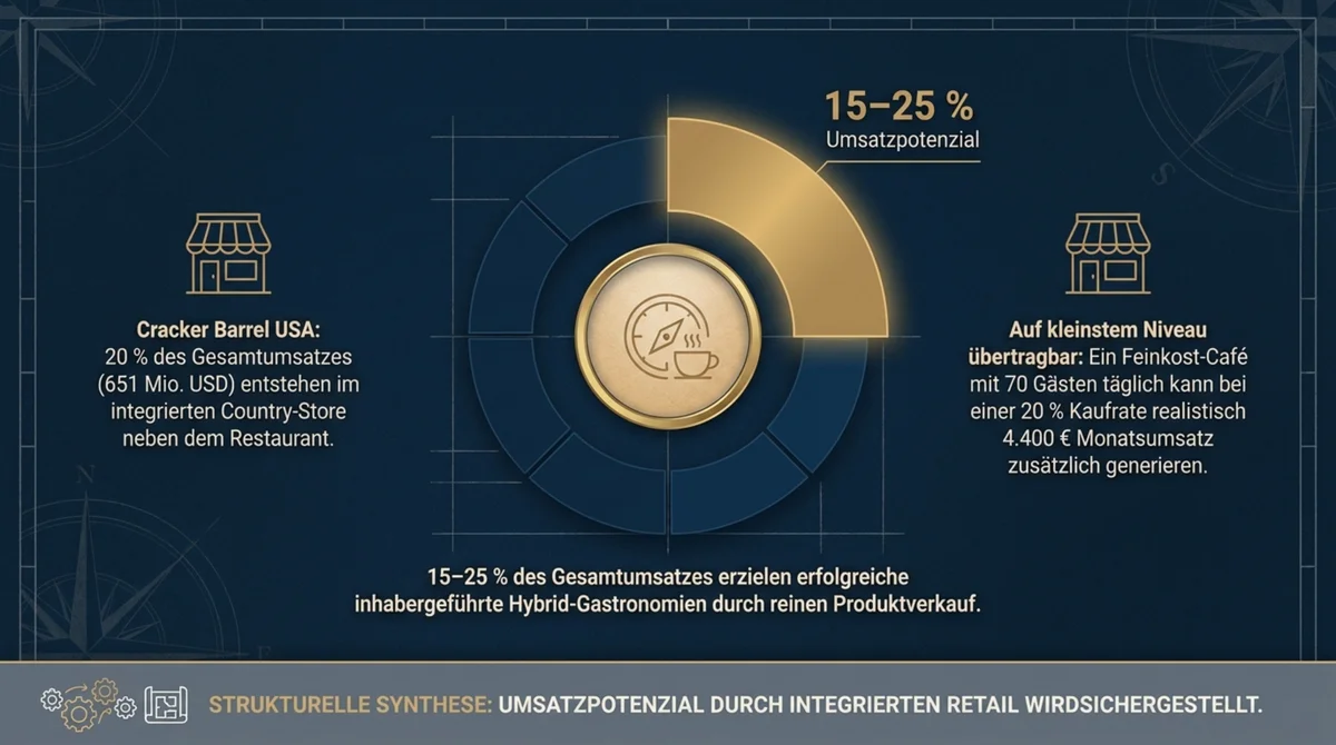 15–25 % Umsatzpotenzial durch Produktverkauf im Café: Cracker Barrel 651 Mio. USD aus integriertem Country-Store als Übertragungsmodell