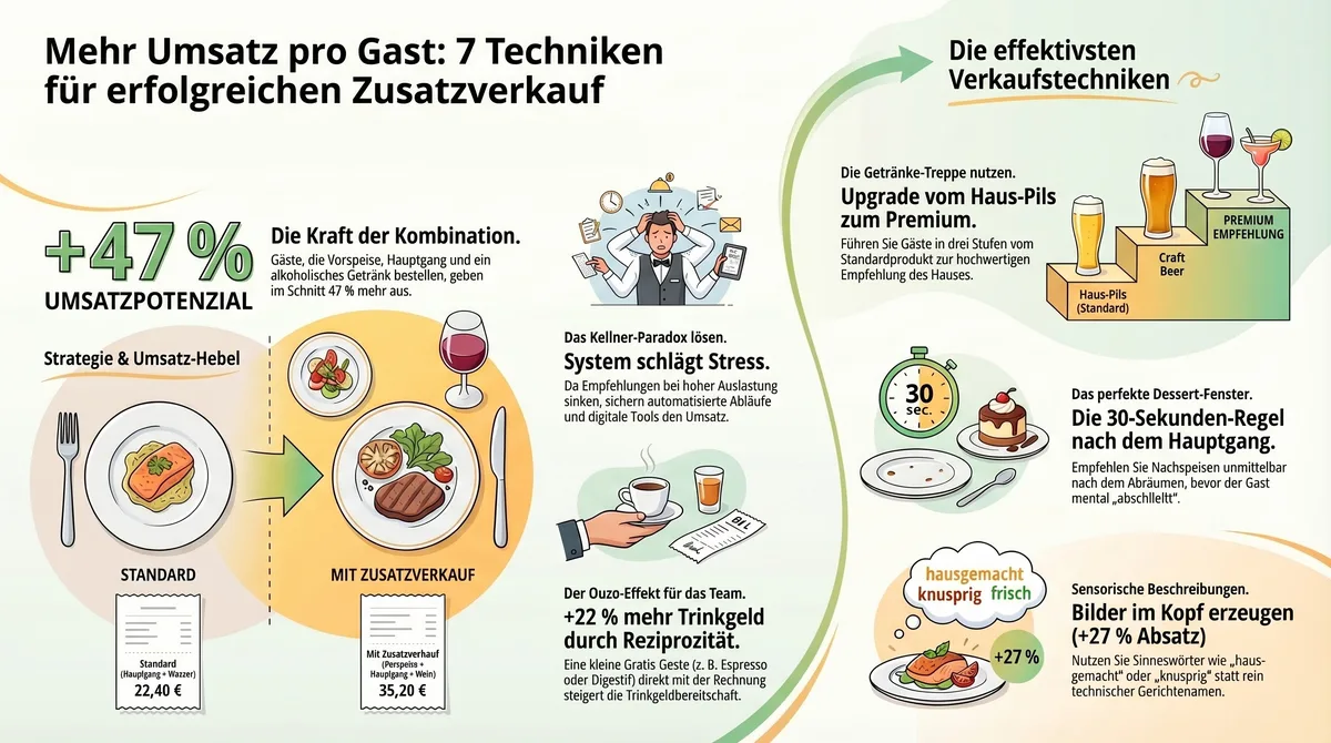 Infografik: 7 Techniken für erfolgreichen Zusatzverkauf in der Gastronomie mit Umsatzpotenzial von 47 Prozent