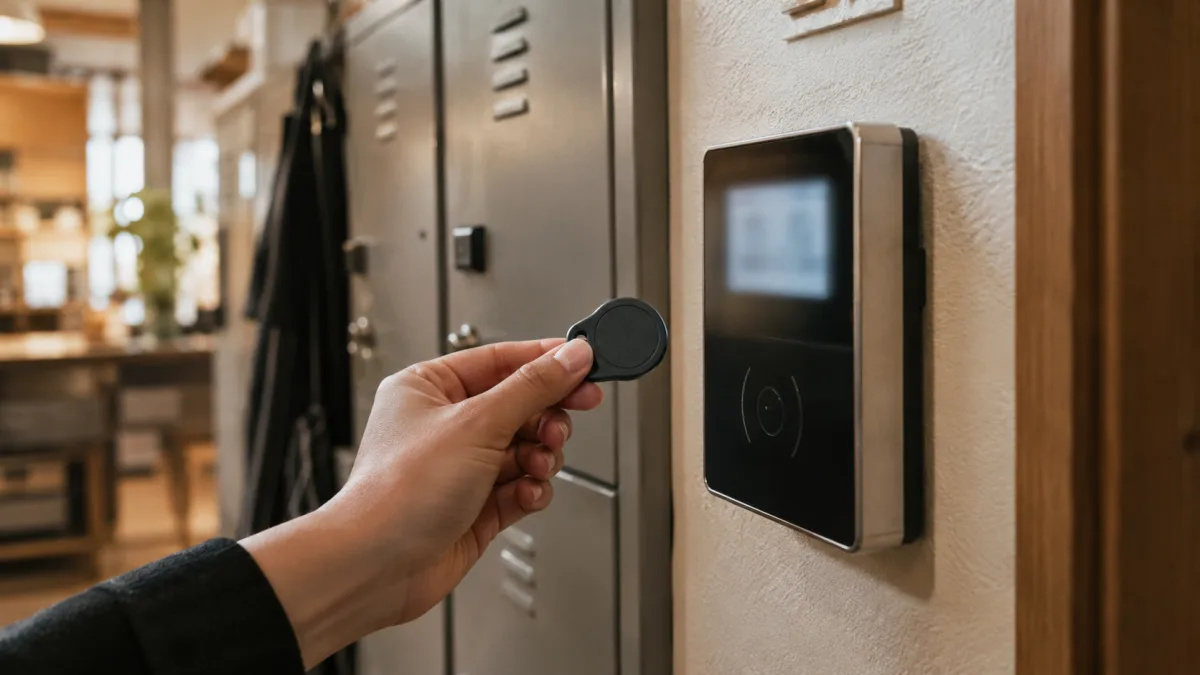 Hand hält einen Chip an das Zeiterfassungsterminal im Personalbereich: Arbeitsbeginn dokumentieren